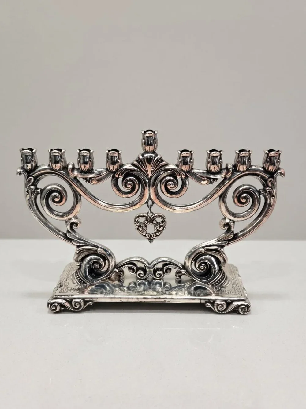 Brighton Tradition Scroll Silverplate Menorah Baroque Heart Hanukkah Judaica VTG